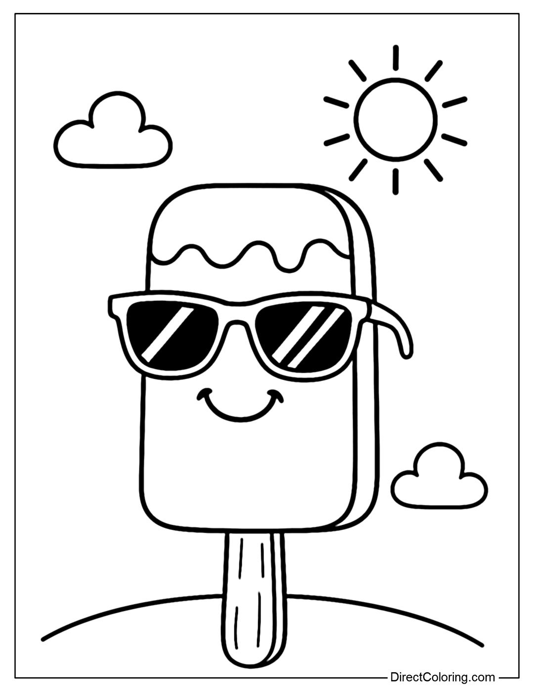 A popsicle coloring page with sunglasses and a smile standing in the sun.